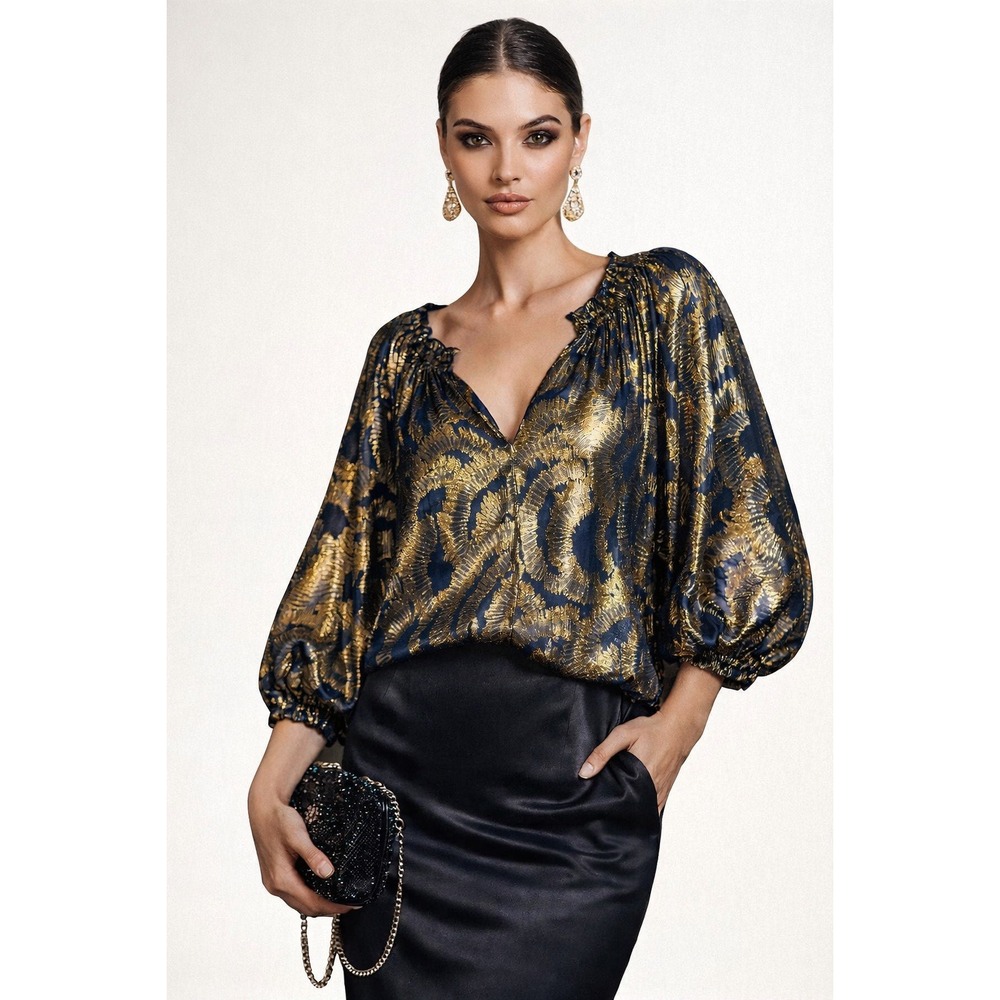 Diane Von Fustenberg Metallic Sheer Blouse Women's 4 Disco Retro Boho Chic Glam